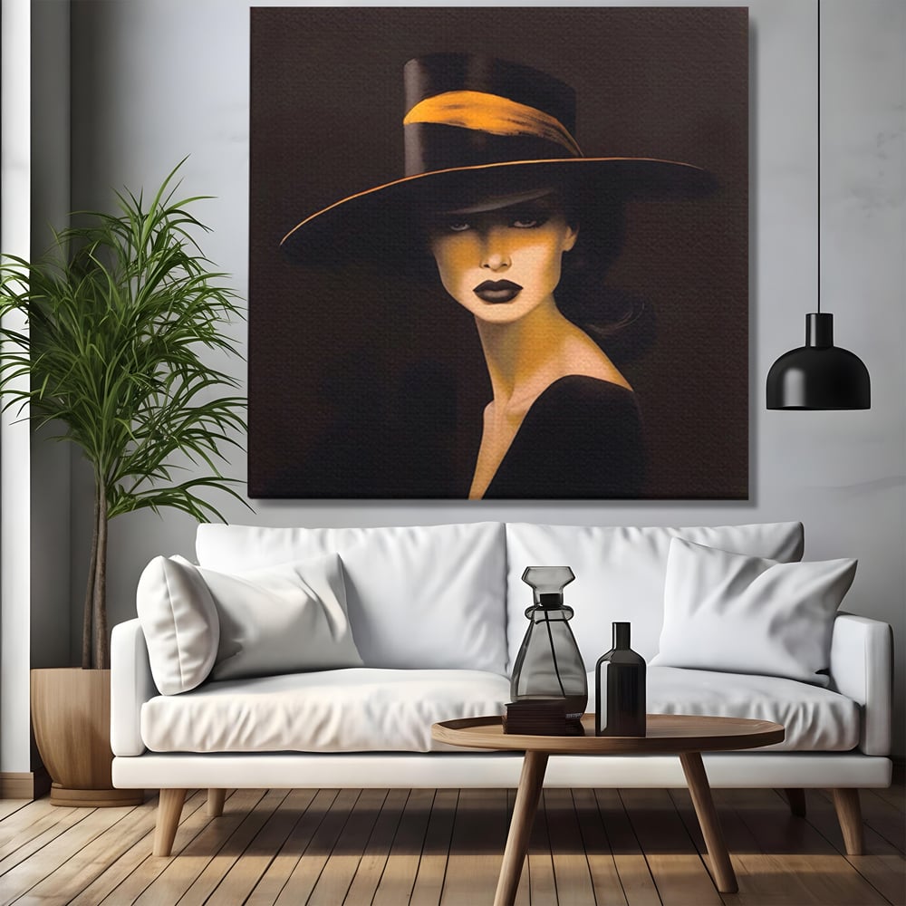 Tablou canvas cu tablou canvas cu femeie misterioasa, fara rama, pe sasiu de lemn, pe perete intr-un living